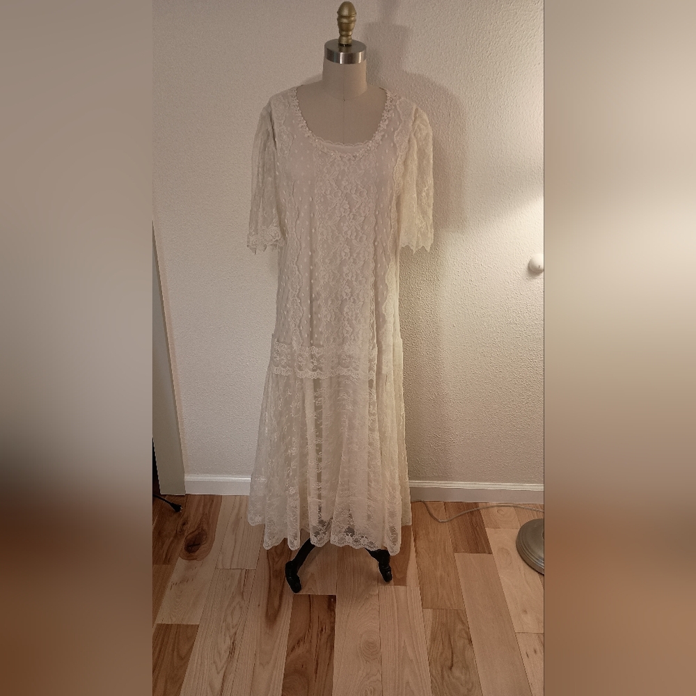 Vtg 80s Does 1920s Gilberti Lace Wedding Dress